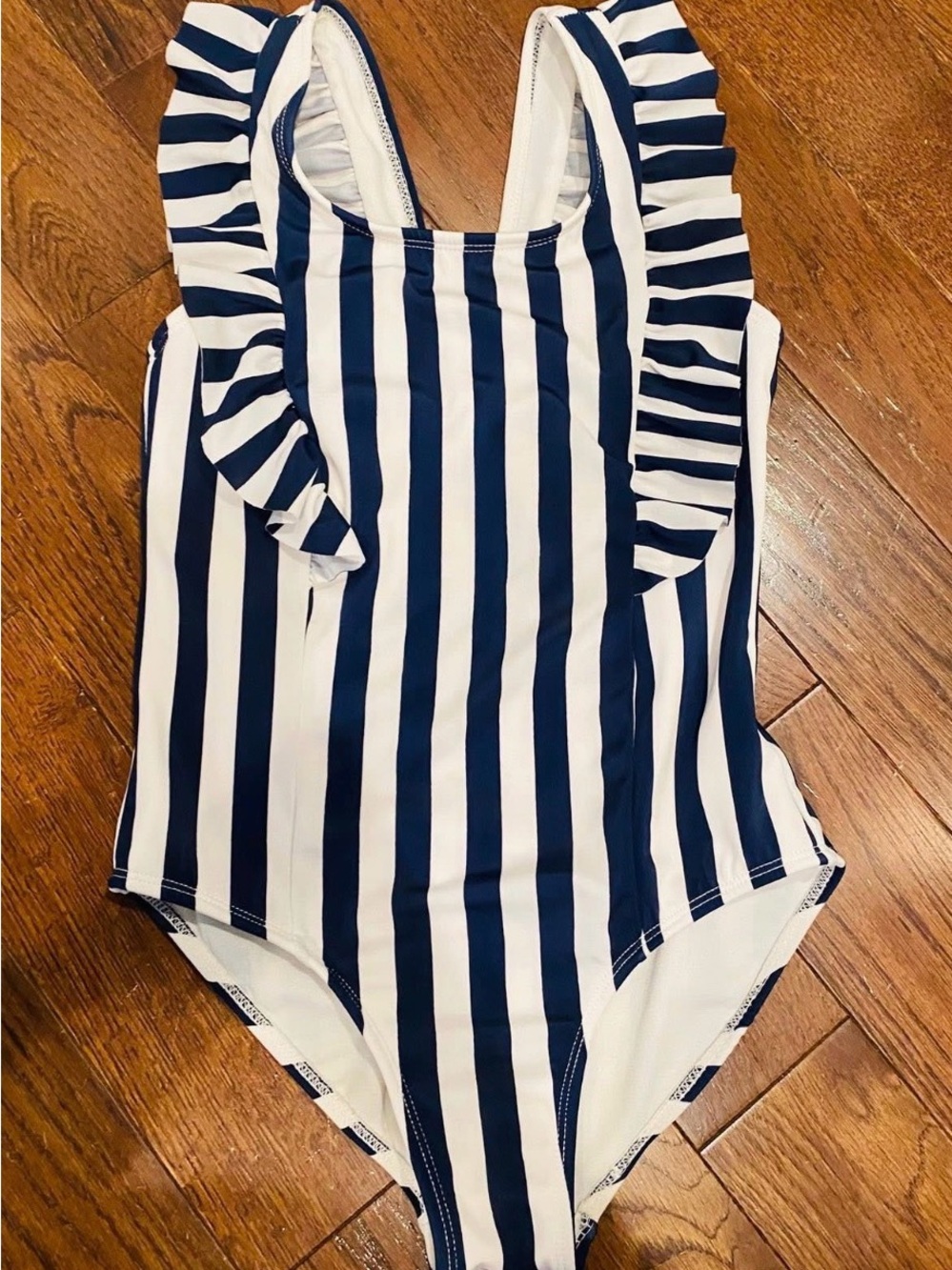 Girls Size 7/8 SwimSuit Navy & White Striped Ruffle One-Piece Bathing suit